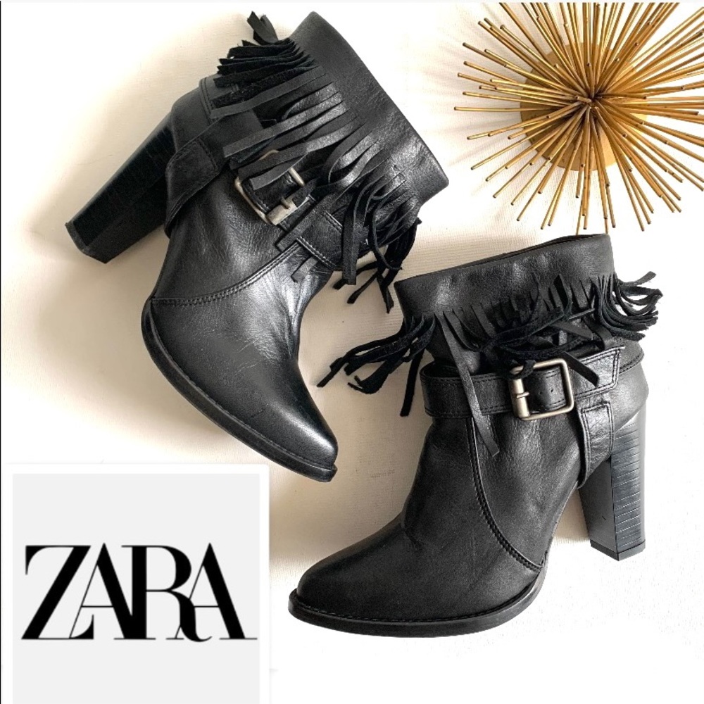 Zara Trafaluc Black Leather Fringed Point Toe High Heel Ankle Boots US 6.5 / 37.